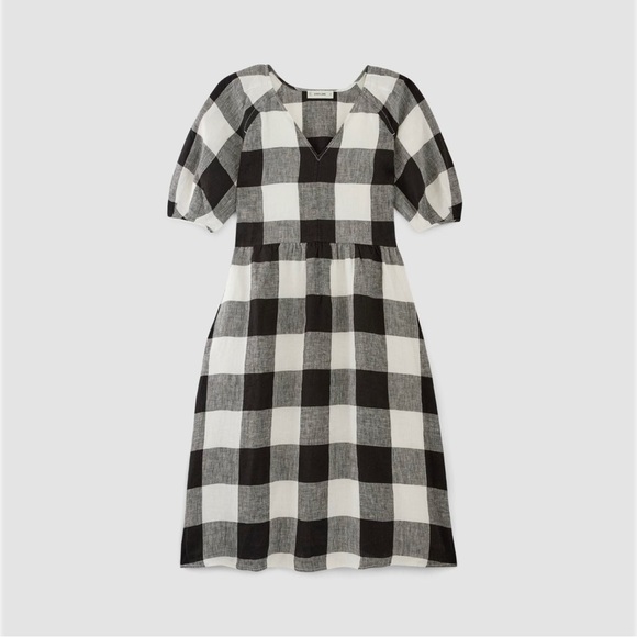 Everlane Linen Oversized Puff Sleeve Dress Bone Black Buffalo Plaid Preppy XS - Picture 5 of 15